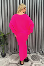 Cropped Batwing Jumper & Knitted Midi Skirt Set in Fuchsia