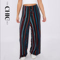 Black Stripe Abstract Print Wide-Leg Drawstring Palazzo Pleated Pants XPLUS(4XL-5XL)