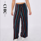 Black Stripe Abstract Print Wide-Leg Drawstring Palazzo Pleated Pants XPLUS(4XL-5XL)