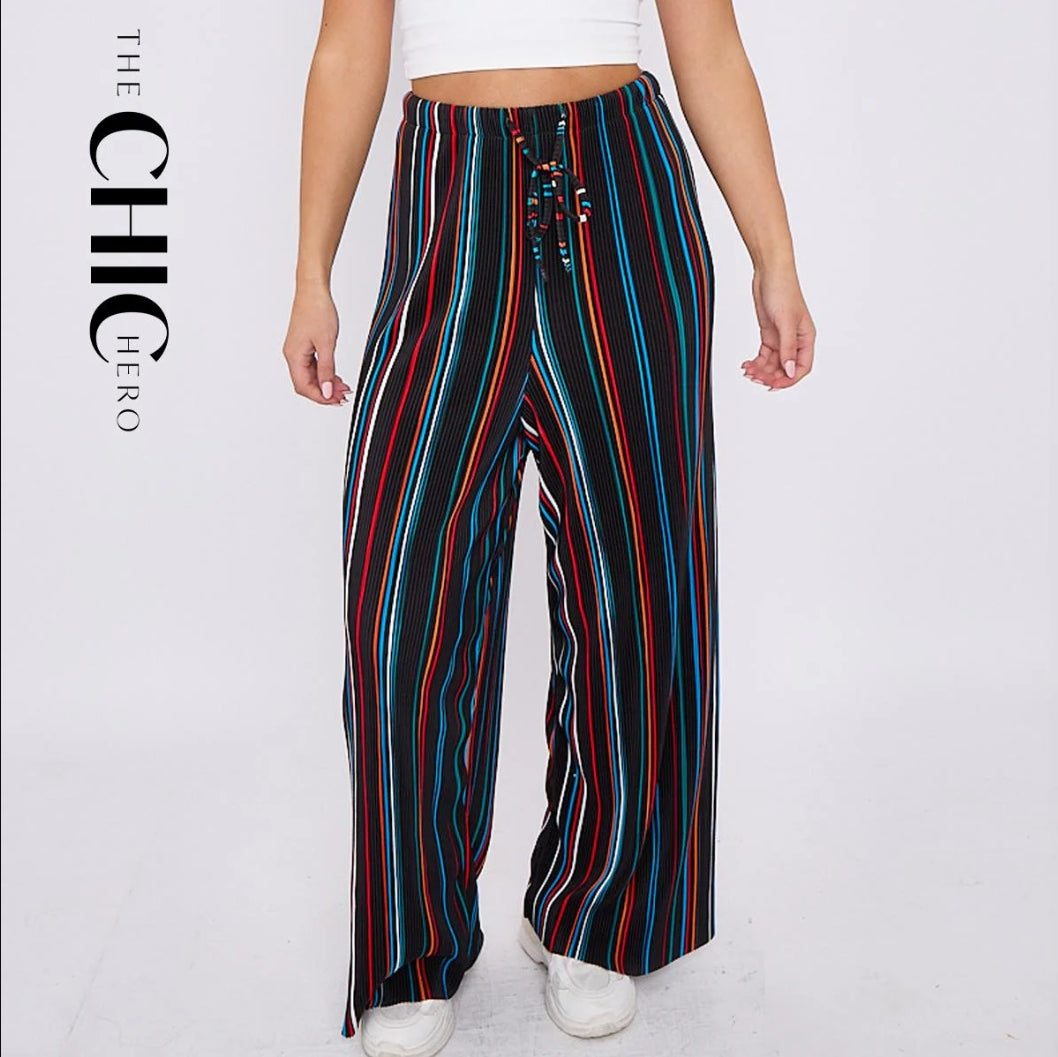 Black Stripe Abstract Print Wide-Leg Drawstring Palazzo Pleated Pants PLUS(2XL-3XL)