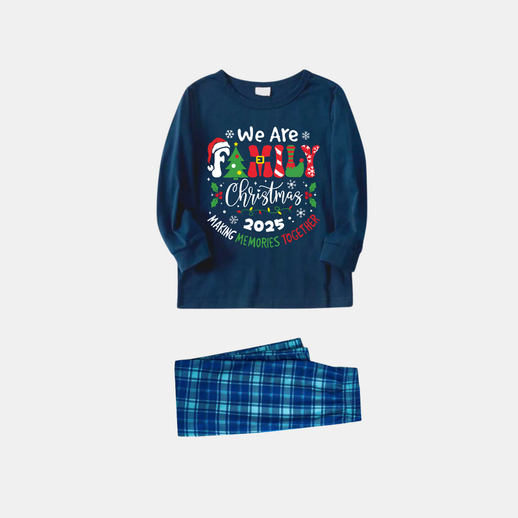 "We are Family 2025 Christmas Make Memories Together" Slogan Print Blue Long Sleeve Top With Blue Plaid Family Matching Pajamas