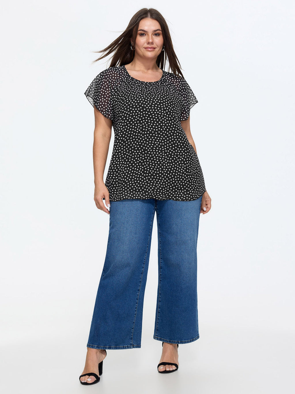 Sheer Sleeve Geometric Print Blouse