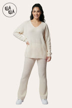 Longline V-Neck Knitted Jumper & Flared Trousers Lounge Set in Beige