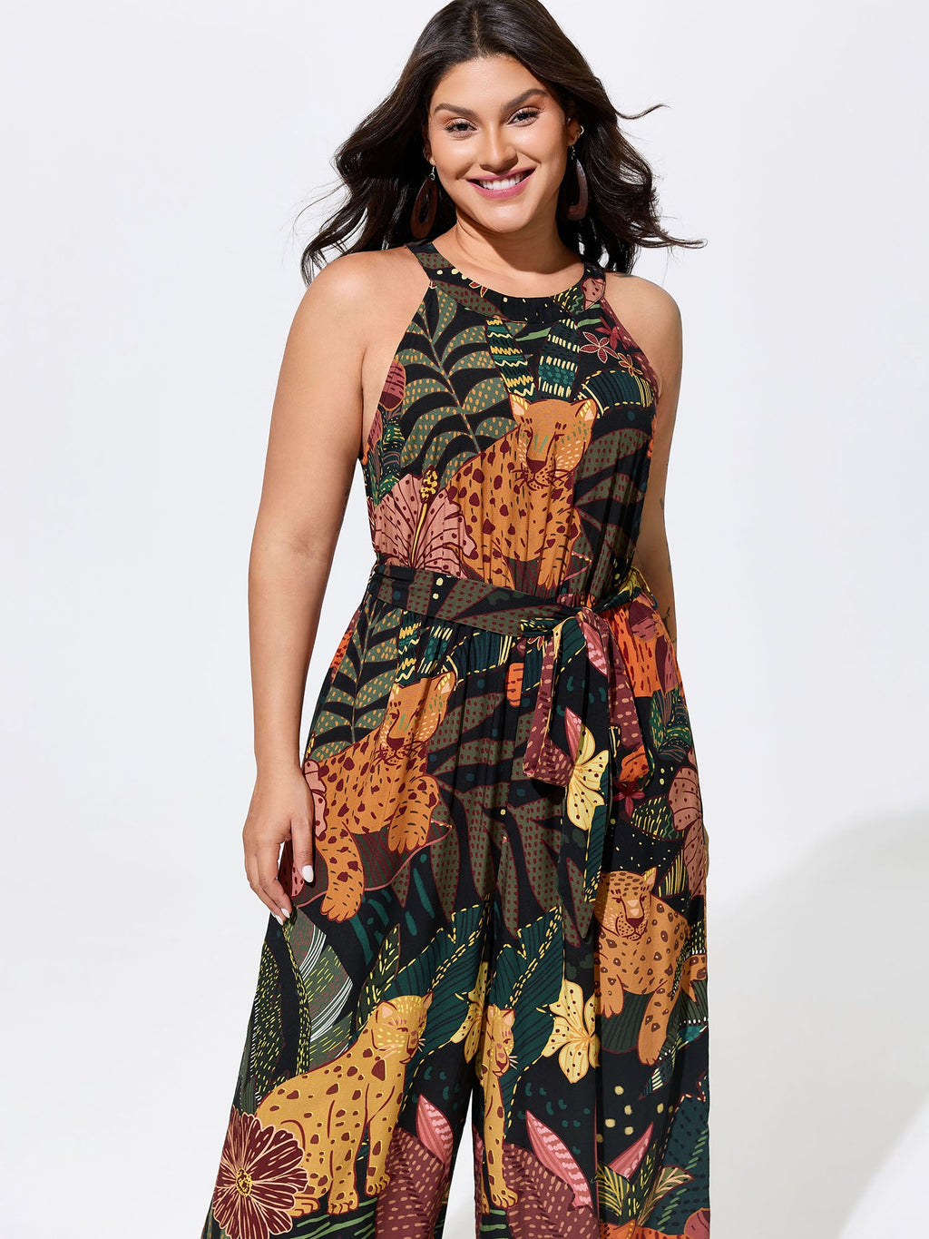 Wild Print Halter Neckline Sleeveless Jumpsuit