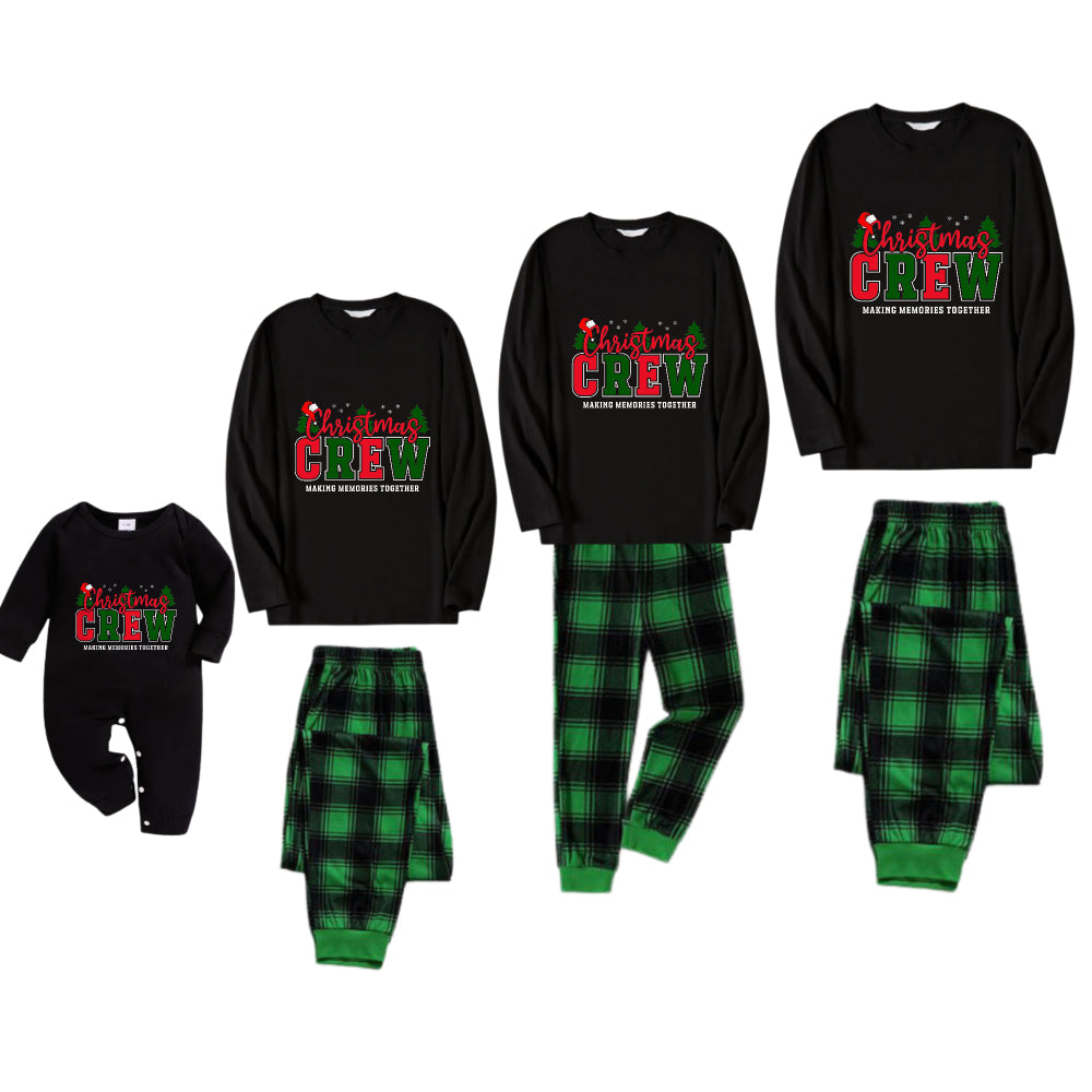 Christmas Family Matching Pajamas-Black Top and Green Plaid Pants Pjs Set with "Christmas Crew Making Memories Together " Slogan Print