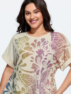 Cotton Colorful Floral Print Flared Sleeve T-Shirt