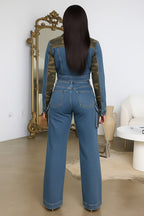 Patchwork Notch Lapel Collar Jacket Pants Denim 2pcs Set-Blue