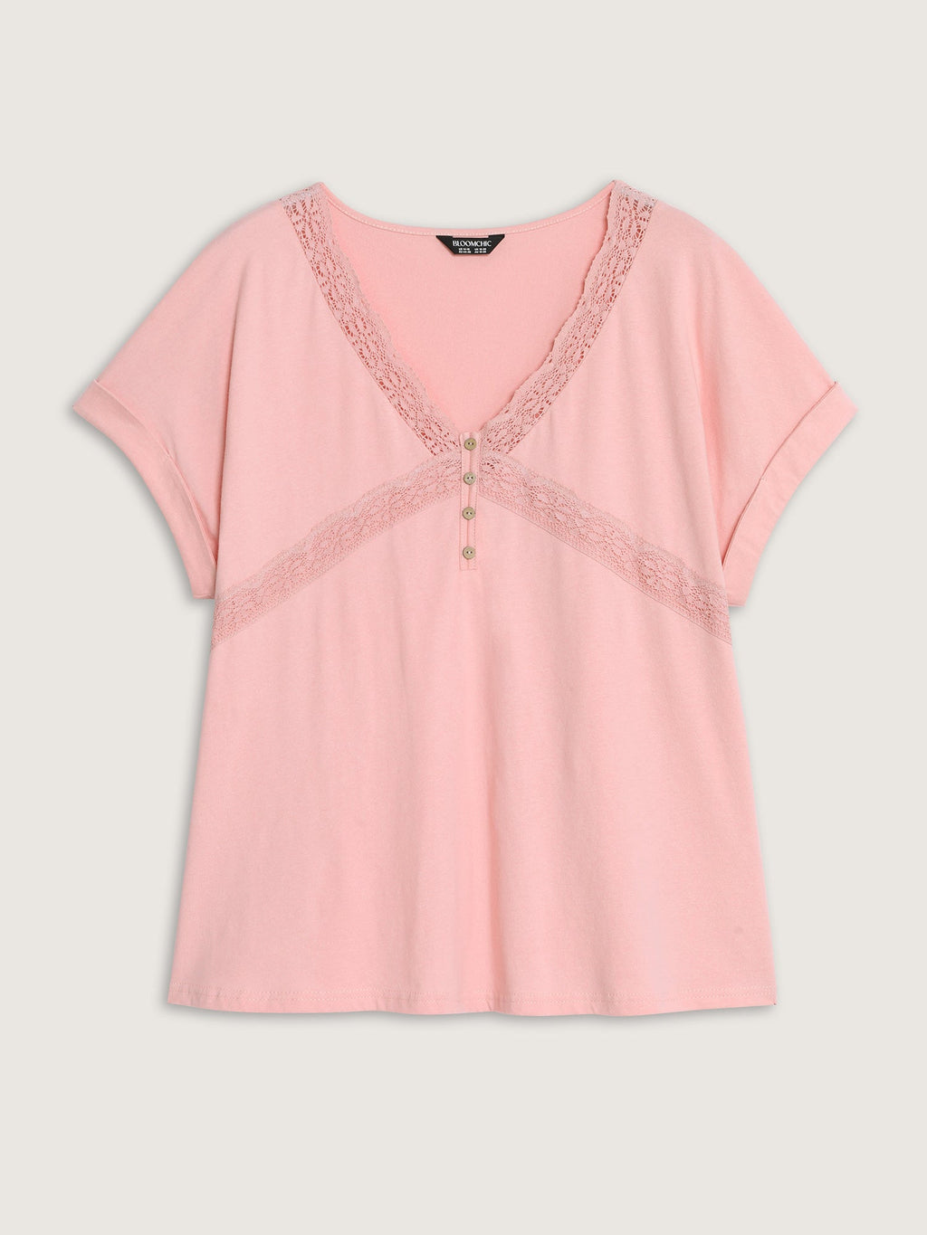 Cotton Lace Neckline Sheer T-Shirt