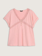 Cotton Lace Neckline Sheer T-Shirt