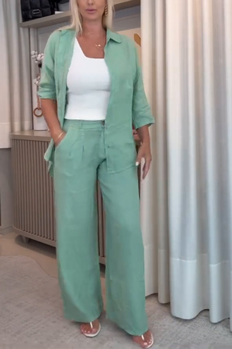 Women's Casual Lapel Single-breasted Cotton and Linen Two-piece Suit