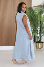Denim Shirt Collar Cap Sleeve Slant Pocket Loose Casual Maxi Dresses-Blue