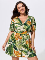 Tropical Print Shirred Wide-Leg Romper