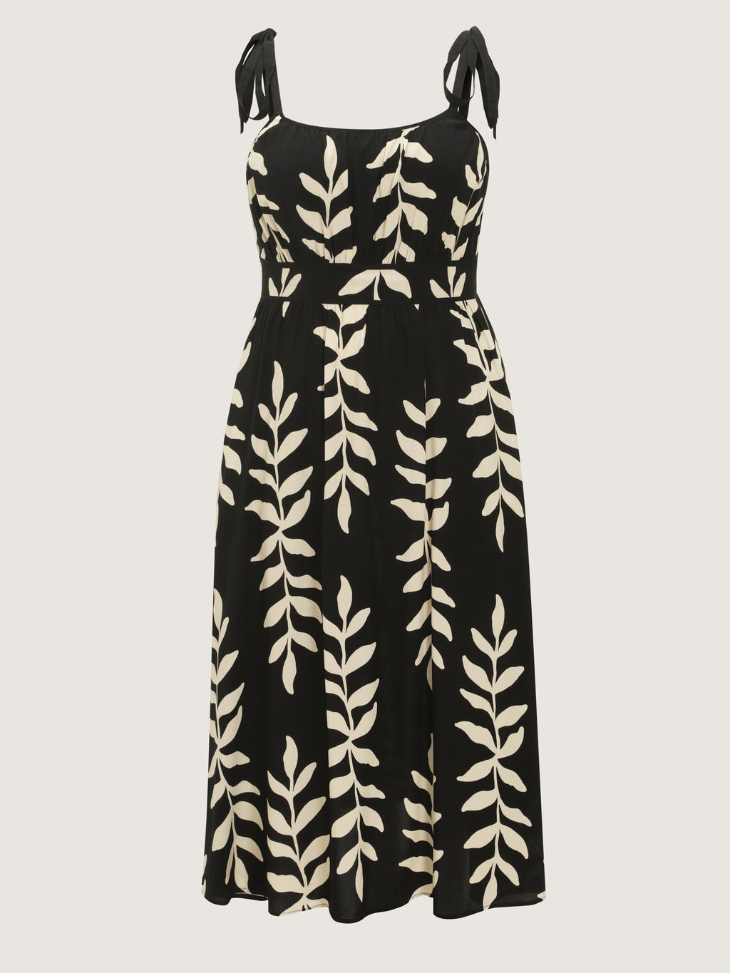 Leaf Print Shirred Adjustable Tie Maxi Dress