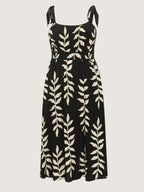 Leaf Print Shirred Adjustable Tie Maxi Dress
