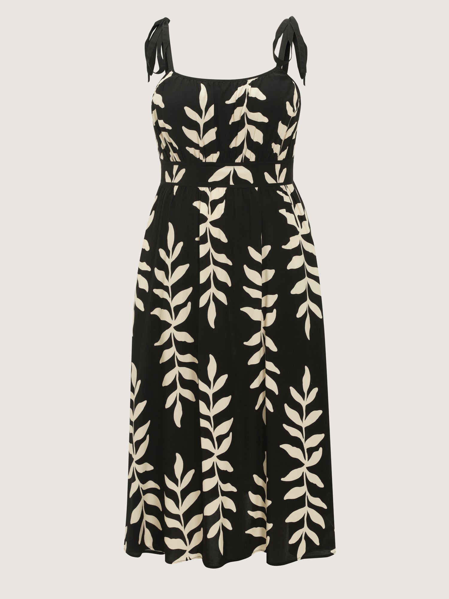 Leaf Print Shirred Adjustable Tie Maxi Dress