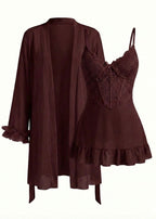 Lace Cami Nightgown & Floral Lace Trim Wide Sleeve Sheer Robe