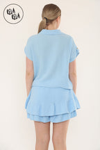 Short Sleeve Tie Front Shirt & Elastic Waist Frill Hem Shorts Cheesecloth Lounge Co-Ord Set in Baby Blue