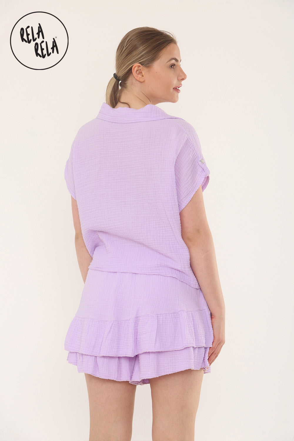 Short Sleeve Tie Front Shirt & Elastic Waist Frill Hem Shorts Cheesecloth Lounge Co-Ord Set in Lilac