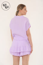 Short Sleeve Tie Front Shirt & Elastic Waist Frill Hem Shorts Cheesecloth Lounge Co-Ord Set in Lilac