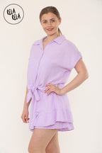 Short Sleeve Tie Front Shirt & Elastic Waist Frill Hem Shorts Cheesecloth Lounge Co-Ord Set in Lilac