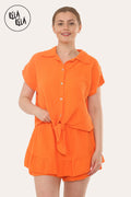 Short Sleeve Tie Front Shirt & Elastic Waist Frill Hem Shorts Cheesecloth Lounge Co-Ord Set in Orange