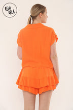 Short Sleeve Tie Front Shirt & Elastic Waist Frill Hem Shorts Cheesecloth Lounge Co-Ord Set in Orange