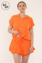 Short Sleeve Tie Front Shirt & Elastic Waist Frill Hem Shorts Cheesecloth Lounge Co-Ord Set in Orange
