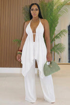 Halter Backless Top Straight Leg Pants Casual 2pcs Set-White