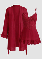 Lace Cami Nightgown & Floral Lace Trim Wide Sleeve Sheer Robe