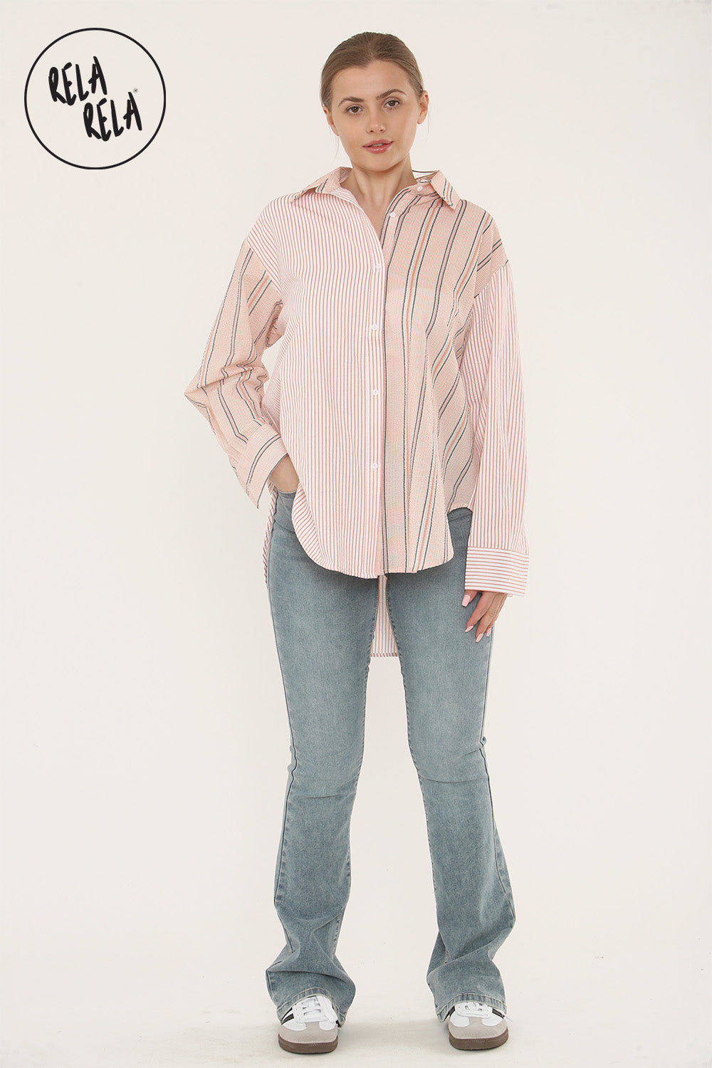 Mix Stripe Oversized Shirt in Pink