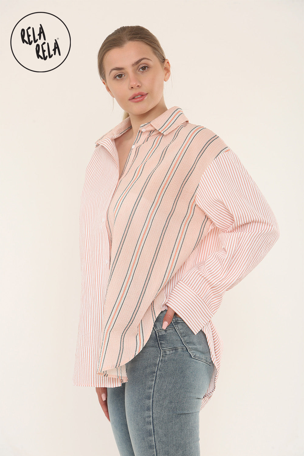 Mix Stripe Oversized Shirt in Pink
