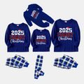 "2025 Family Christmas" Text Printed  Blue and White Plaid Family Matching Pajamas