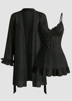 Lace Cami Nightgown & Floral Lace Trim Wide Sleeve Sheer Robe