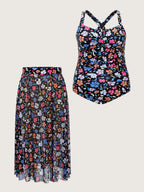 Split Hem Sarong Set Floral One-Piece Swim