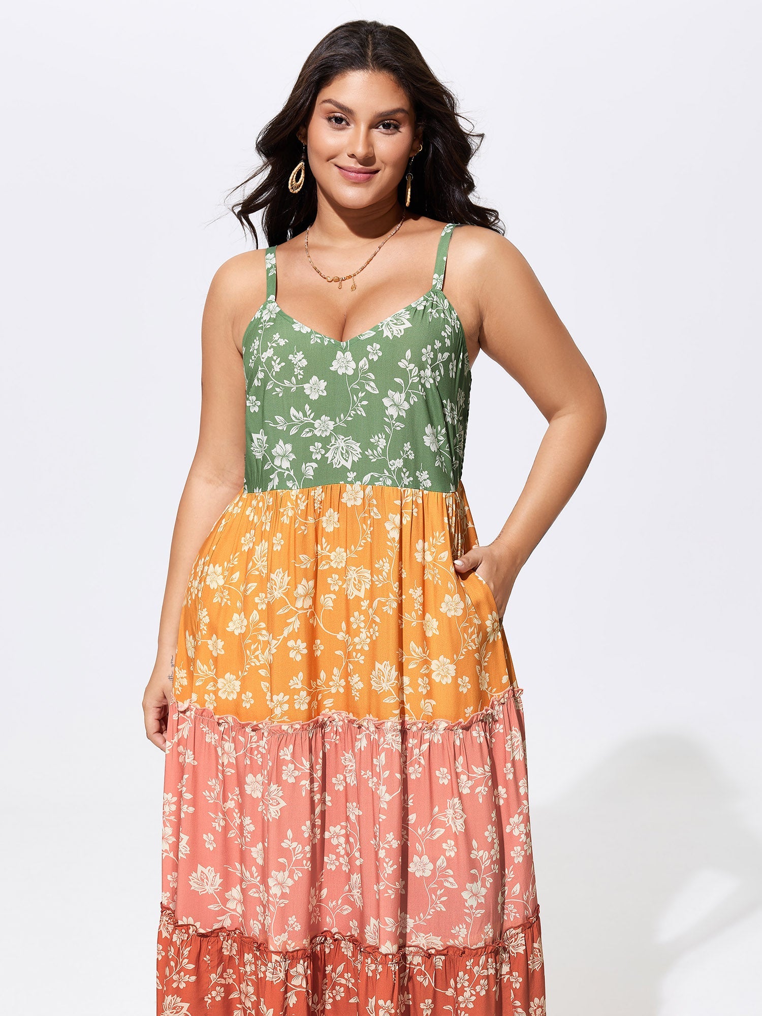 Color Contrast Floral Print Cami Midi Dress
