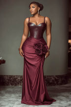 PU Leather Contrast 3D Flower Wrapped Party Cami Maxi Dresses-Red