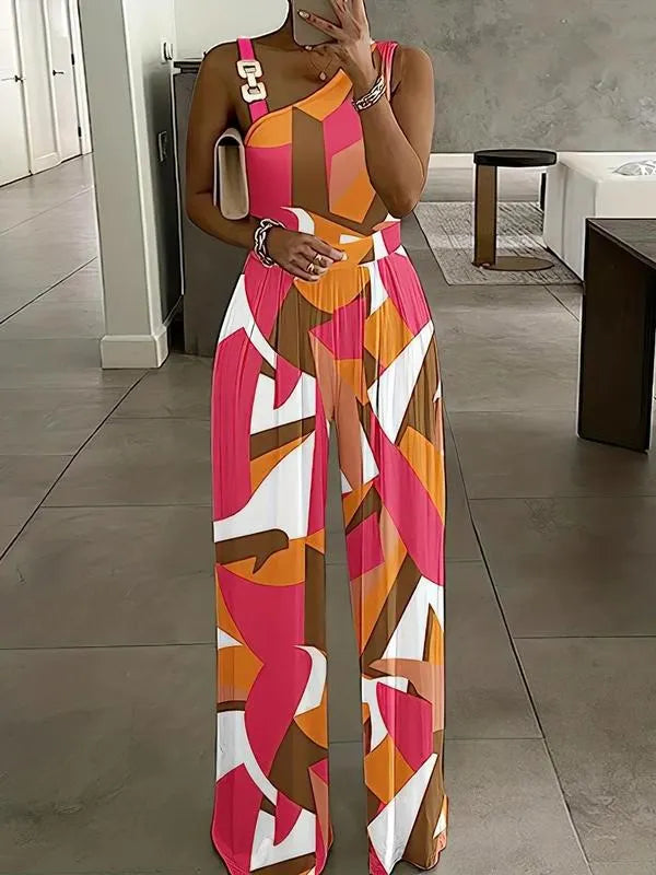 Women's Floral Print Ring Linked Asymmetrical Neck Plicated Jumpsuit, Boho Casual High Waist Wide Leg Jumpsuit for Summer, Summer Clothes 2025