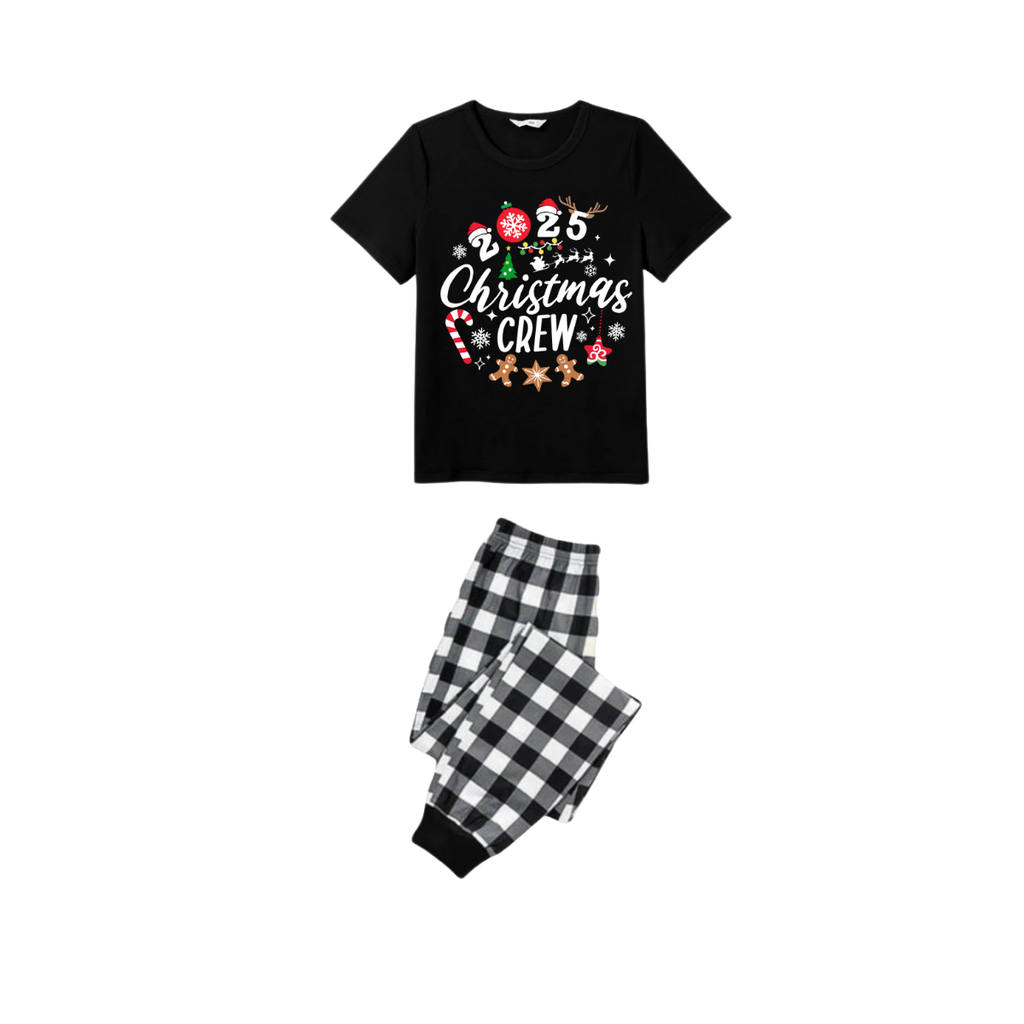 Christmas Crew 2025 Family Pajamas Set - Black Top Black and White Plaid Pants Candy Cane and Cookies Graphic