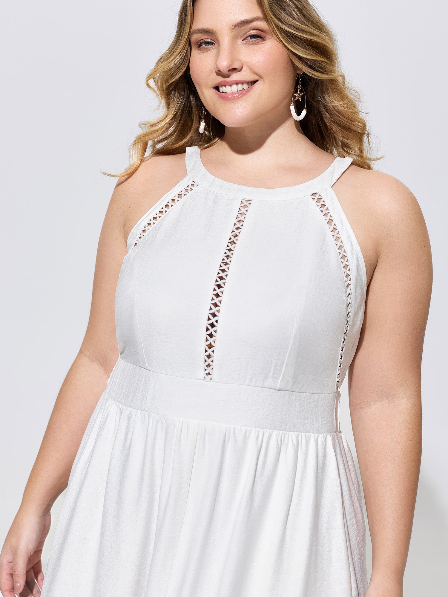 Lace Shirred Waist Halter Neckline Midi Dress