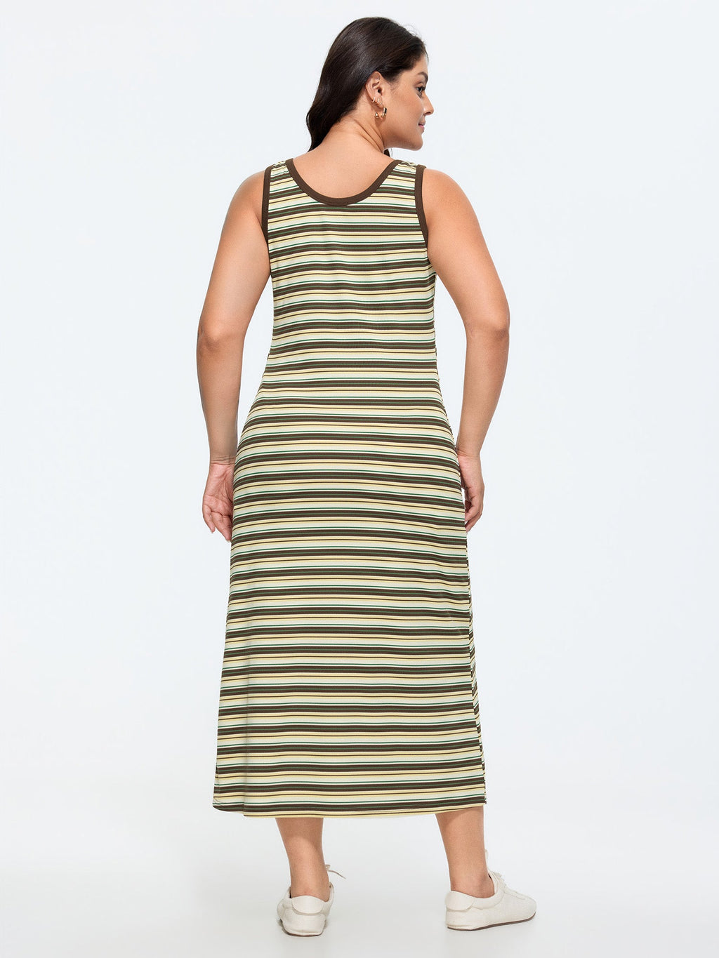 Striped Print Ribbed Scoop Neck Midi Dress