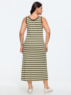 Striped Print Ribbed Scoop Neck Midi Dress
