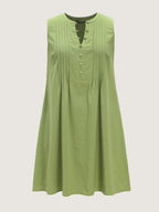 Cotton Toothpick Pleat Button Detail Mini Dress