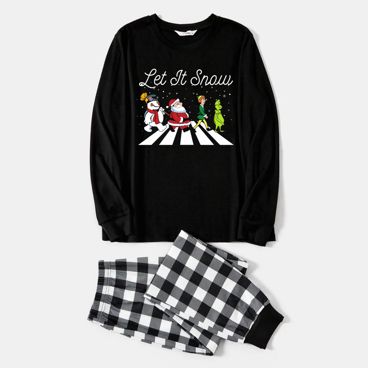 Black and White Plaid Christmas Pajamas Set with Santa Claus and Cartoon Pattern Print