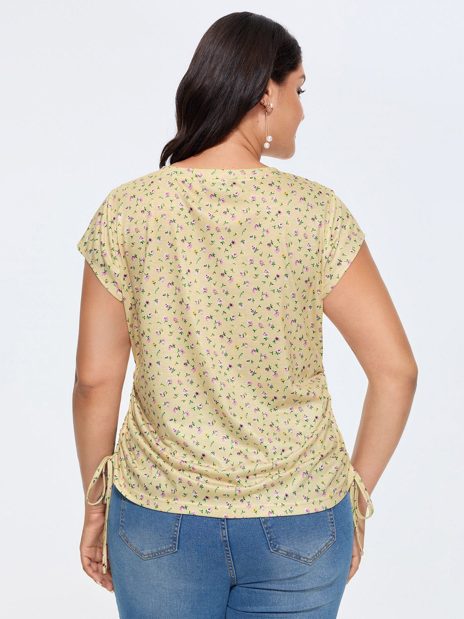 Micro Floral Print Adjustable Side Drawstring T-Shirt