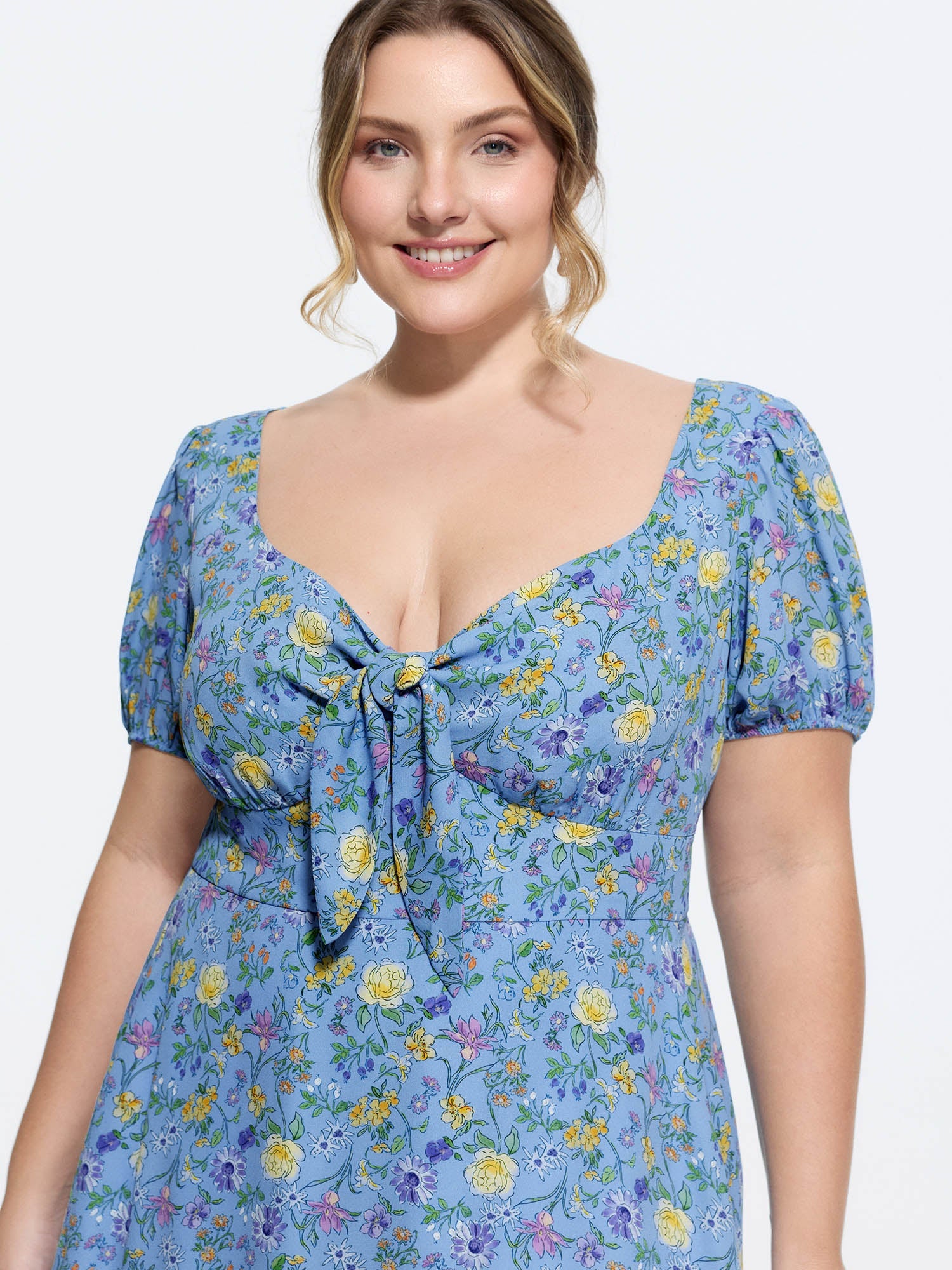 Floral Print Knotted-Front Ruched Midi Dress