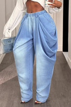 Vintage Faded Washed Denim Irregular Ruched Elastic Waist Casual Jeans-Blue