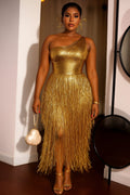 One Shoulder Sleeveless Fringe Metallic Party Maxi Dresses-Gold