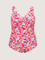 Floral Print Ruffled Neckline One-Piece Swim