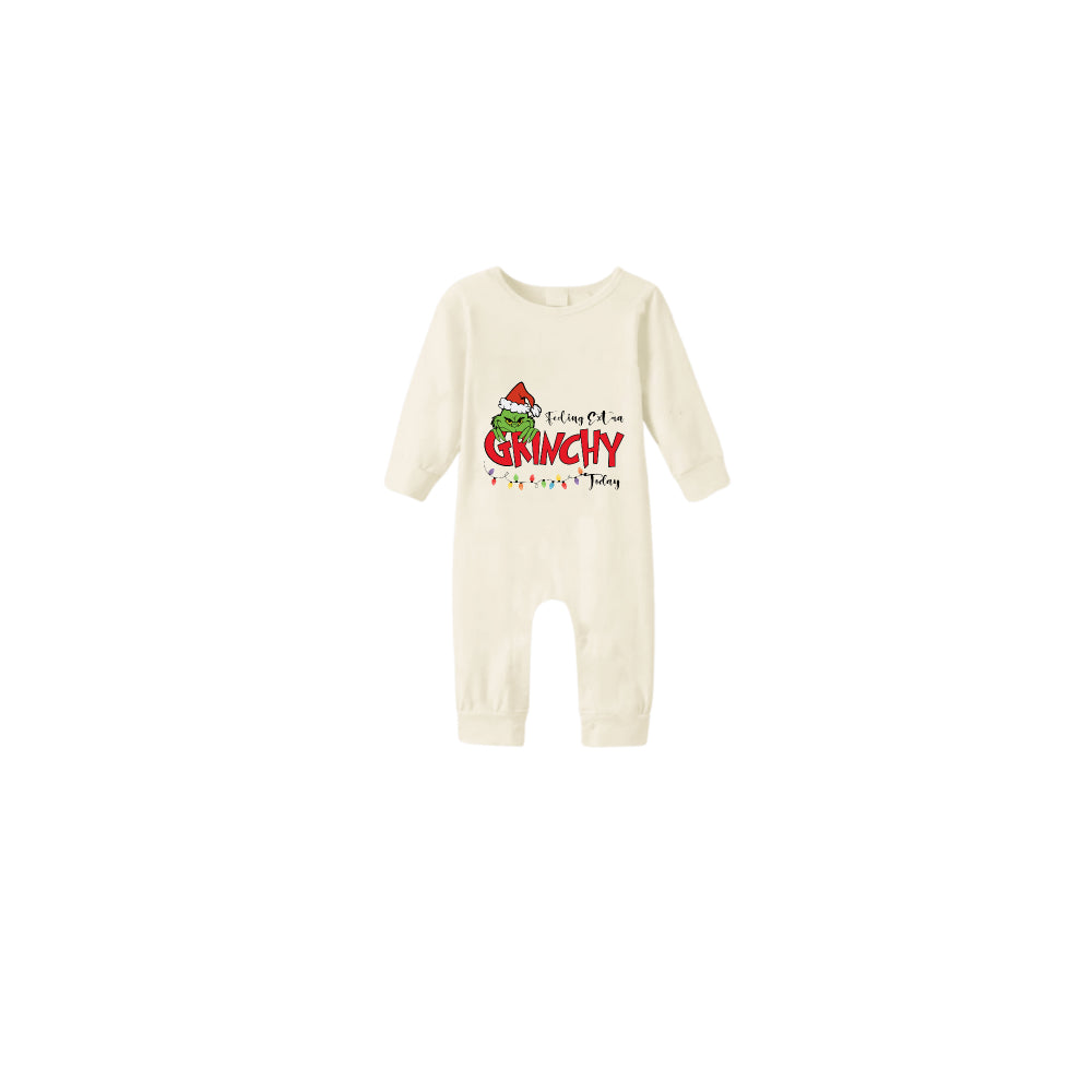 Beige Christmas Pattern Print Christmas Pajamas Set With Grinch and Holiday Slogan Print