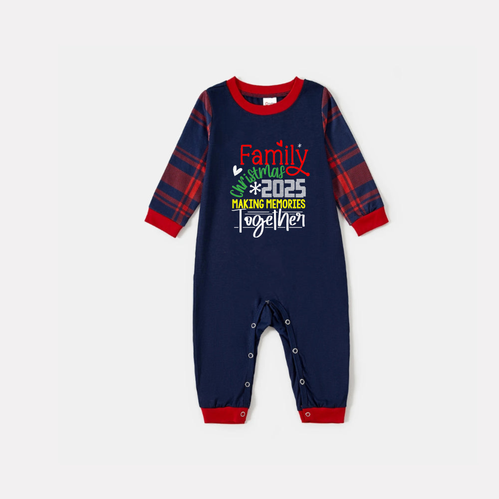 Christmas Family Matching Pajamas-Navy & Red Plaid Pjs Set with "Family Christmas 2025 Making Memories Together" Slogan Print